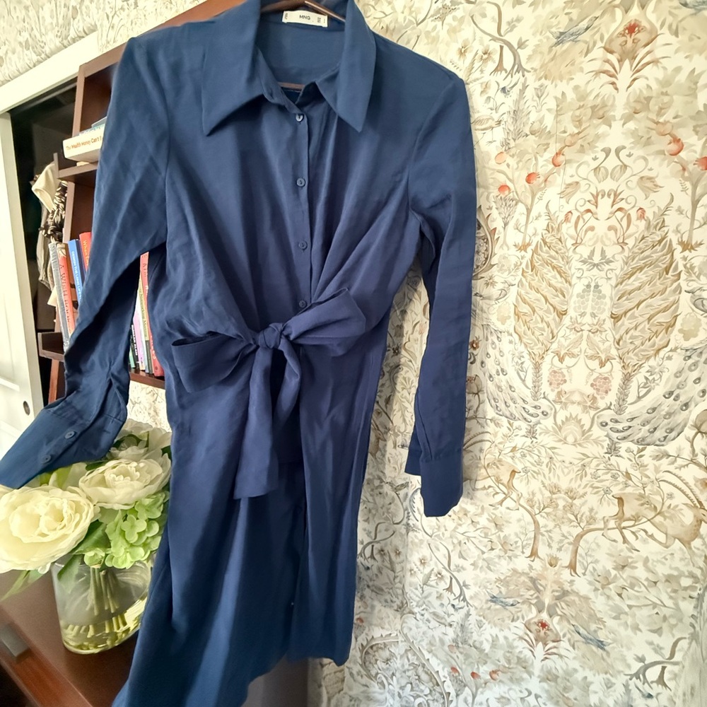 Mango Navy Long-Sleeve Tie-Front Shirt Dress